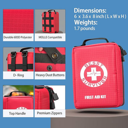 Besst Survivor Premium First Aid Kit with Labelled Compartments, Waterproof & Organized Molle Medical Kit for Home, Car, Hiking, Camping, Travel & Roadside Emergencies and Everyday Safety