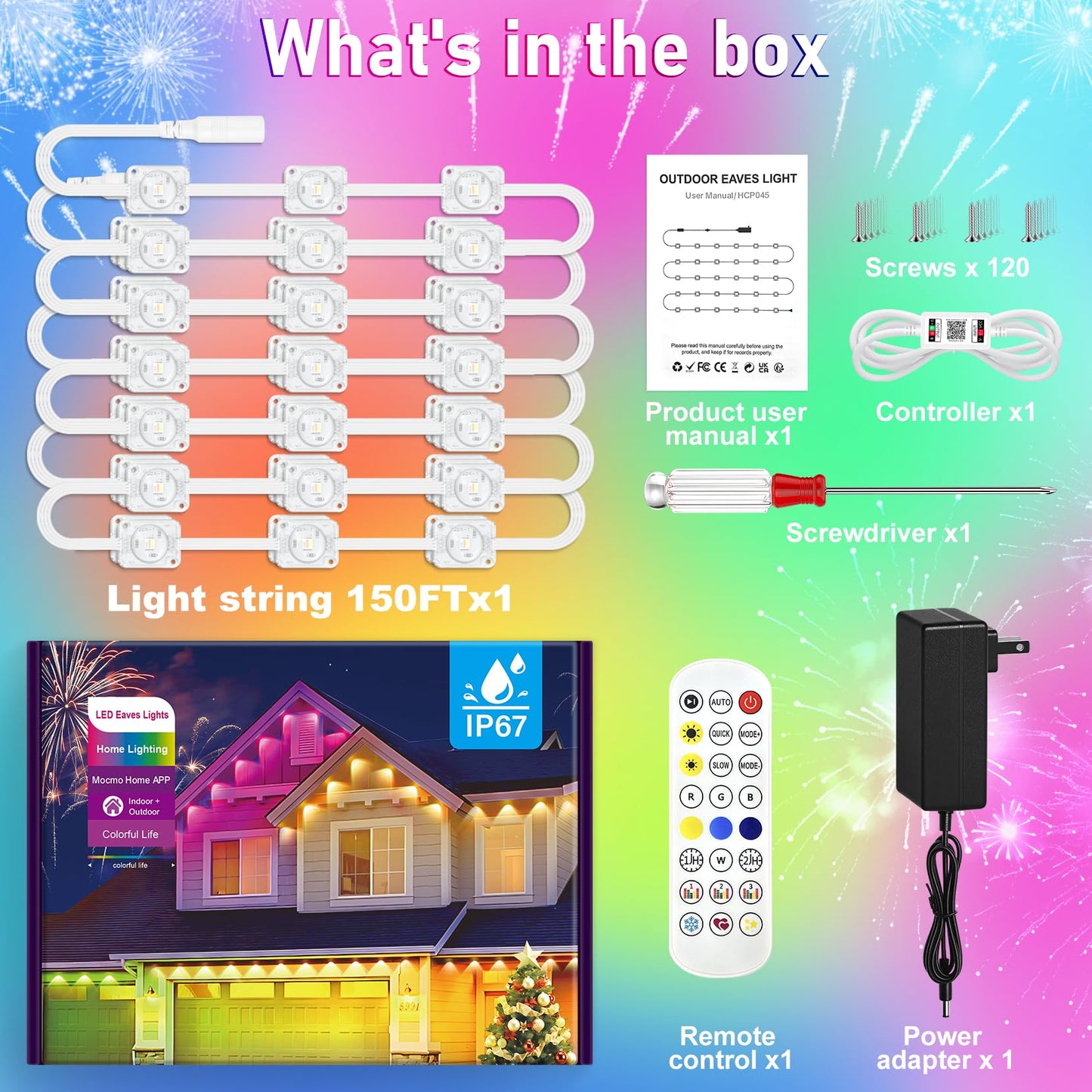 MUCCCUTE Permanent Outdoor Lights for Easter150ft RGB + IC Eaves Lights with App & Remote Control, Outdoor String LED IP67 Waterproof for Holidays New Year July 4th Roof Eaves House Garden Decor