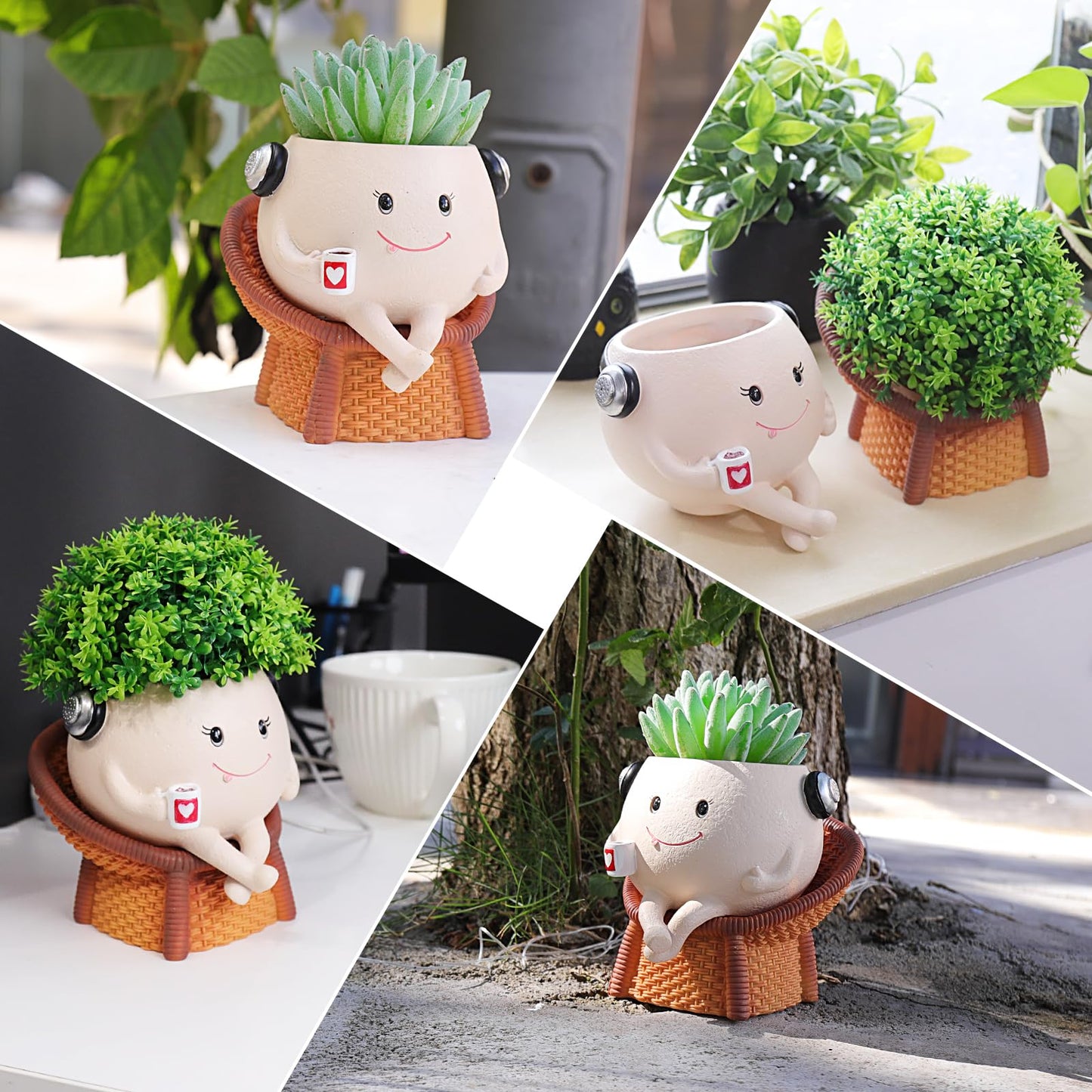 Self Watering Planter Pot Cute Resin Flower Head Planters for Indoor Outdoor Handmade Smily Face Pot Unique Cane Chair Succulent Pots with Drainage Gift Ideal for Mother and Appreciation Christmas