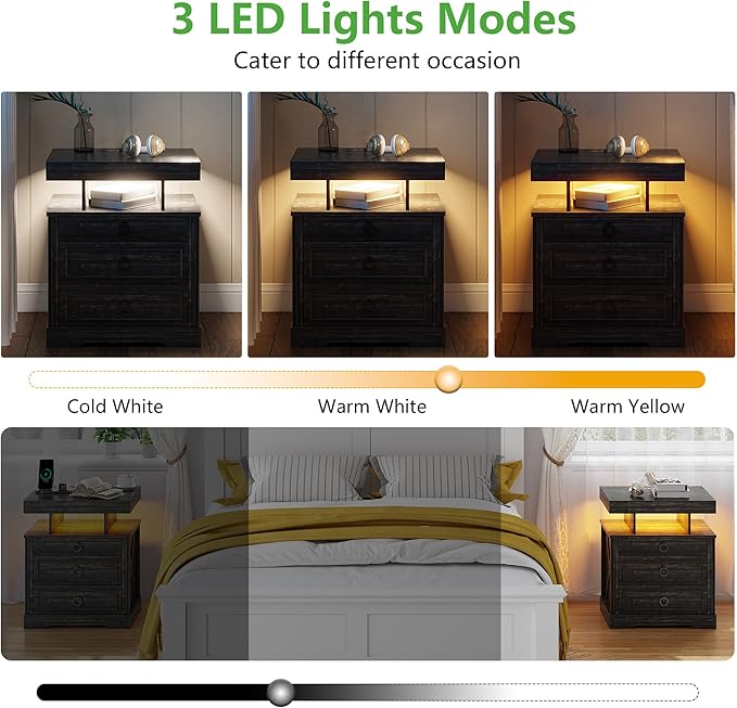 HNEBC Night Stand Set 2 with Gun Drawers, Farmhouse Nightstand with Charging
