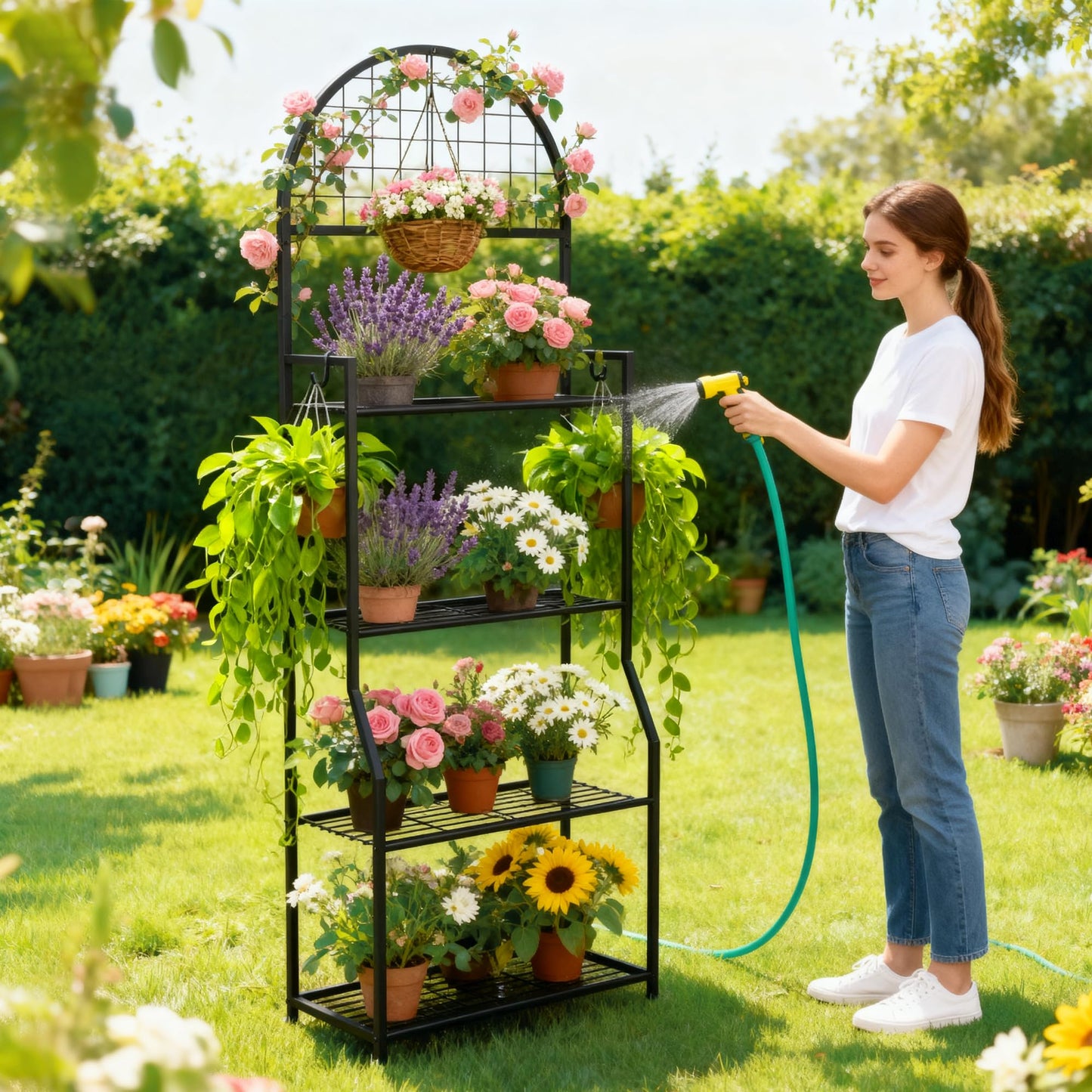 VGMiu 4 Tier Plant Stand Indoor Outdoor, Metal Plant Display Stand Plants Shelf Rack for Multiple Plants, Black Flower Plante Pots Holder for Patio Garden Balcony Living Room