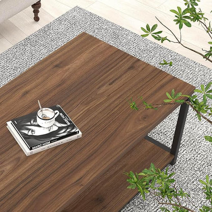 FOLUBAN Coffee Table, Modern Center Table with Storage Shelf, Rustic Wood and Metal Cocktail Table for Living Room, 39.3 Inch Walnut