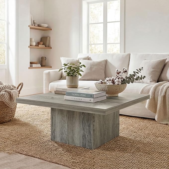 HOMCOM Square Coffee Table, Center Table with 1.6" Thick Tabletop for Living Room, Easy Assembly, 31.5"x31.5", Gray Wood Grain