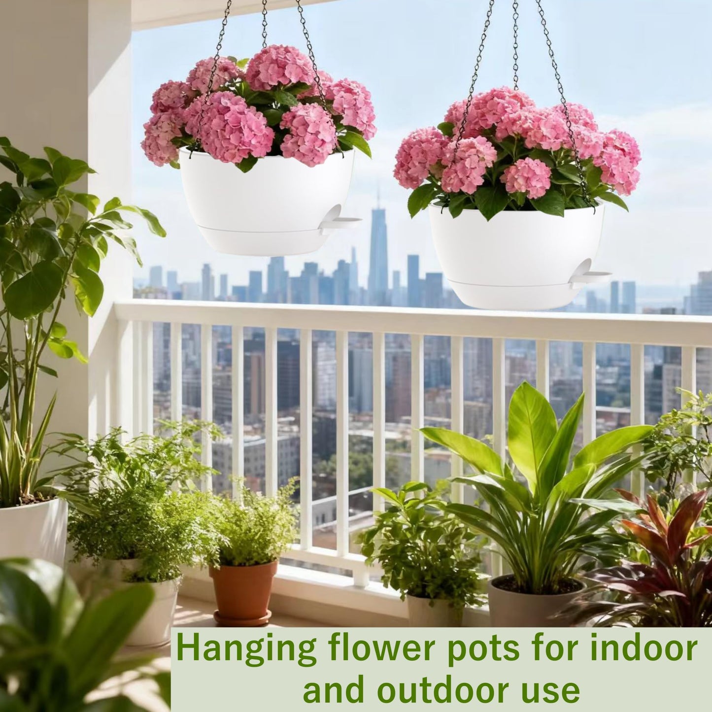 CNLBO 2 Pack Hanging Planters for Indoor Outdoor Plants, 12Inch Self Watering Hanging Pot with Drainage Holes and Saucer, Plastic Plant Pots, White Flower Pots for Kitchen, Balcony, Garden