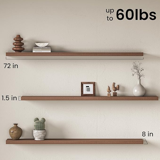 Fun Memories 72Inch Long Floating Shelves, 8 Inch Deep Shelves