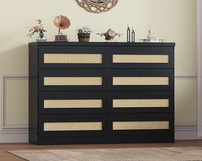 47 Inch Rattan 8 Drawer Dresser, Modern Farmhouse Chest of Drawers, Tv Stand