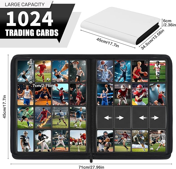 1000+ Pockets Trading Card Binder, 16 Pockets Zipper Binder Card Album, 32 Pack Double-sided Side Loading Non-Ring Card Binder, Card Holder Folders for MTG, TCG, Game Cards & Sports Cards, White