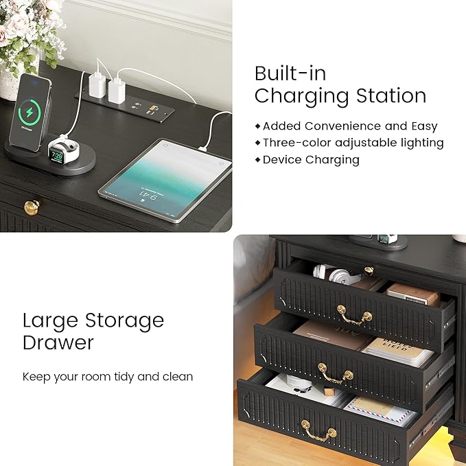 25.6'' Wide Bedside Table with 3 Drawers & Pull-out Tray, Smart Night Stand