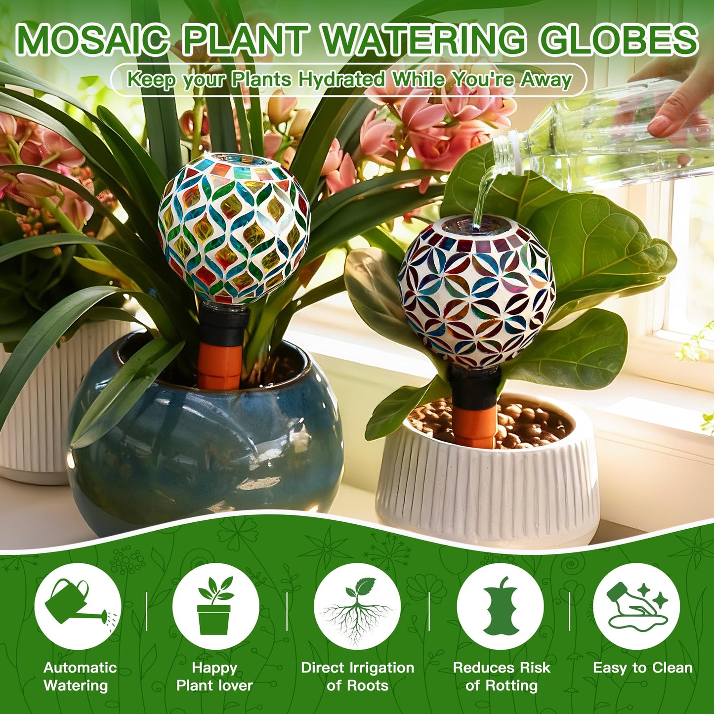 VOREEN Mosaic Plant Watering Globes with Terracotta Spikes, Decorative Glass Watering Globes for Potted Plants, Garden Accent & Thoughtful Gift, Set of 2