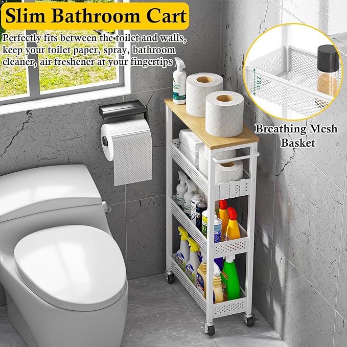 OKZEST Utility Slim Storage Cart, 4 Tier Small Rolling Kitchen Laundry Room Cart