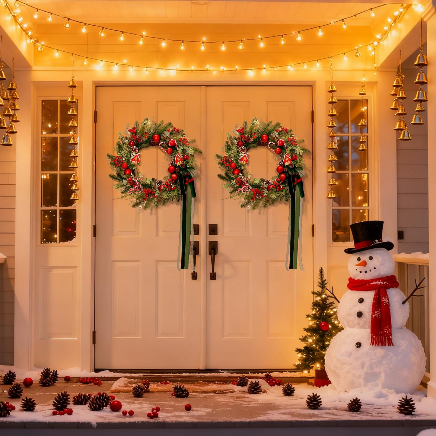 20" Christmas Wreath for Front Door, Christmas Door Wreath Decoration with Ball Ornaments, Red White Candy, Pine Cones Berries & Bow, Holiday Decoration