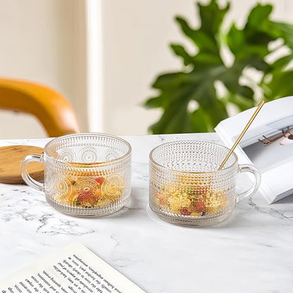 Vintage Glass Coffee Mugs 4 Set, 14oz Overnight Oats Containers with Bamboo Lids and spoon, Glass Tea Cups, Coffee Bar Accessories, Ideal Birthday, Holiday Gifts for Women