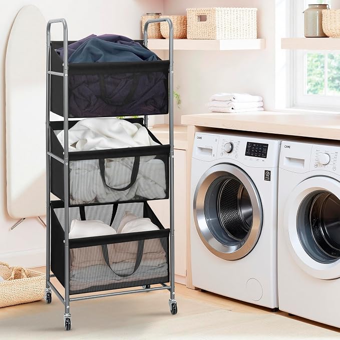 STO STO 3-Tier Vertical Laundry Hamper with Wheels, 120L Rolling Laundry Sorter with 3 Removable Breathable Mesh Bags, Rust-Resistant Steel Frame for Small Spaces, Apartment, Dorm, Black Mesh