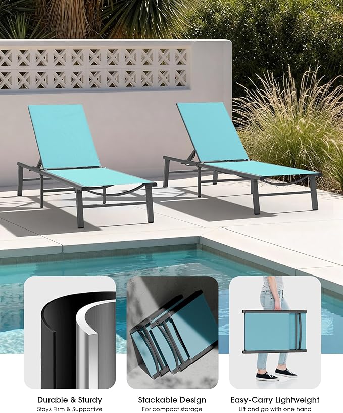 Ciokea Foldable Outdoor Lounge Chair, No Assembly Patio Chaise Lounge Outdoor