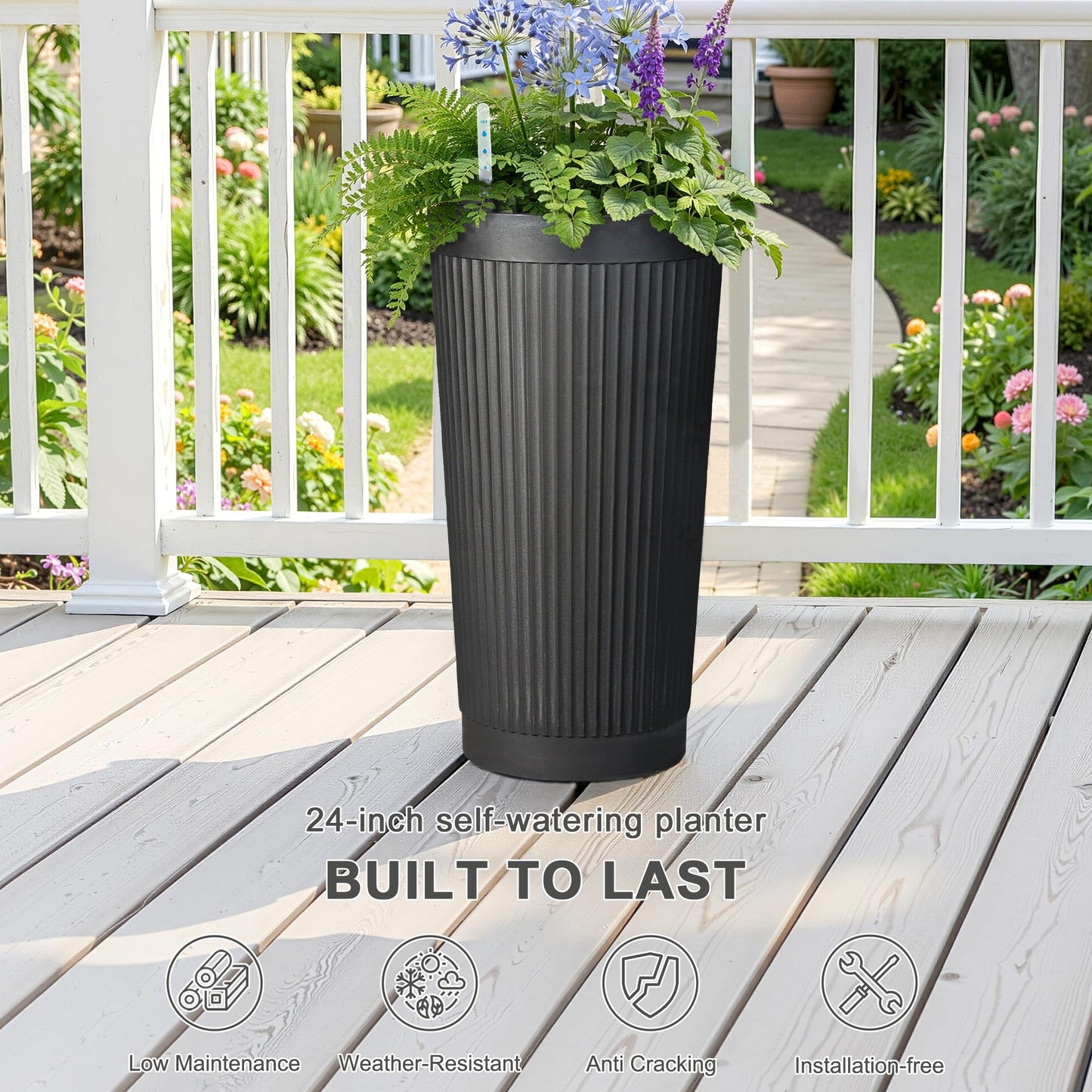 PolarcoForgeco Self Watering Tall Black Planters Outdoor Set of 2, 24” Flower Pots Planters for Outdoor Plants, Modern Plastic Tall Planter for Front Porch, with Drainage Hole (Ribbed)