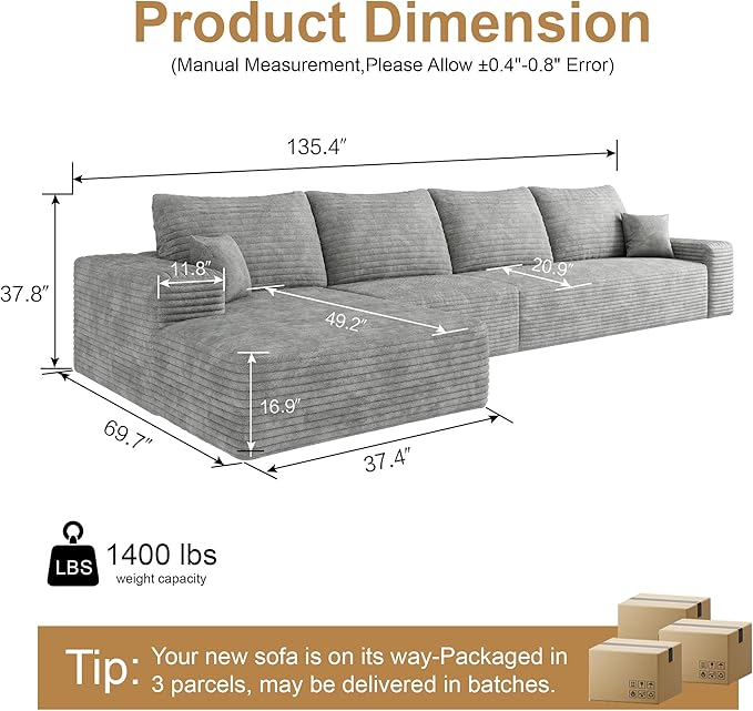 136" Sectional Couches for Living Room Cloud Couch Sofa
