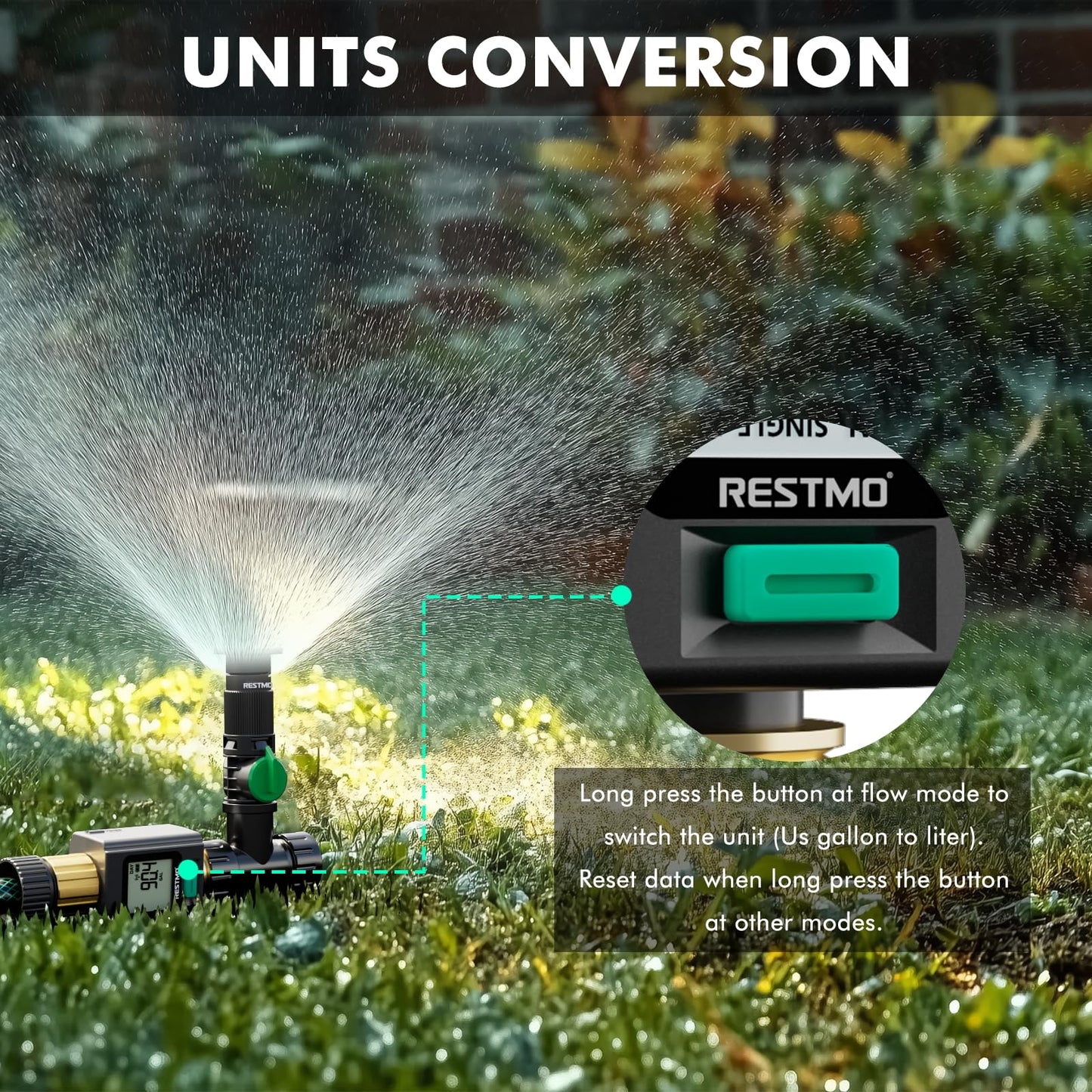 RESTMO Smart Water Flow Meter with Screen Backlight, Brass Inlet & Outlet, Measuring Gallon/Liter Consumption & Flow Rate for Garden Watering, RV Filling, Sprinklers & Nozzle - 2.4Ghz WiFi Connection
