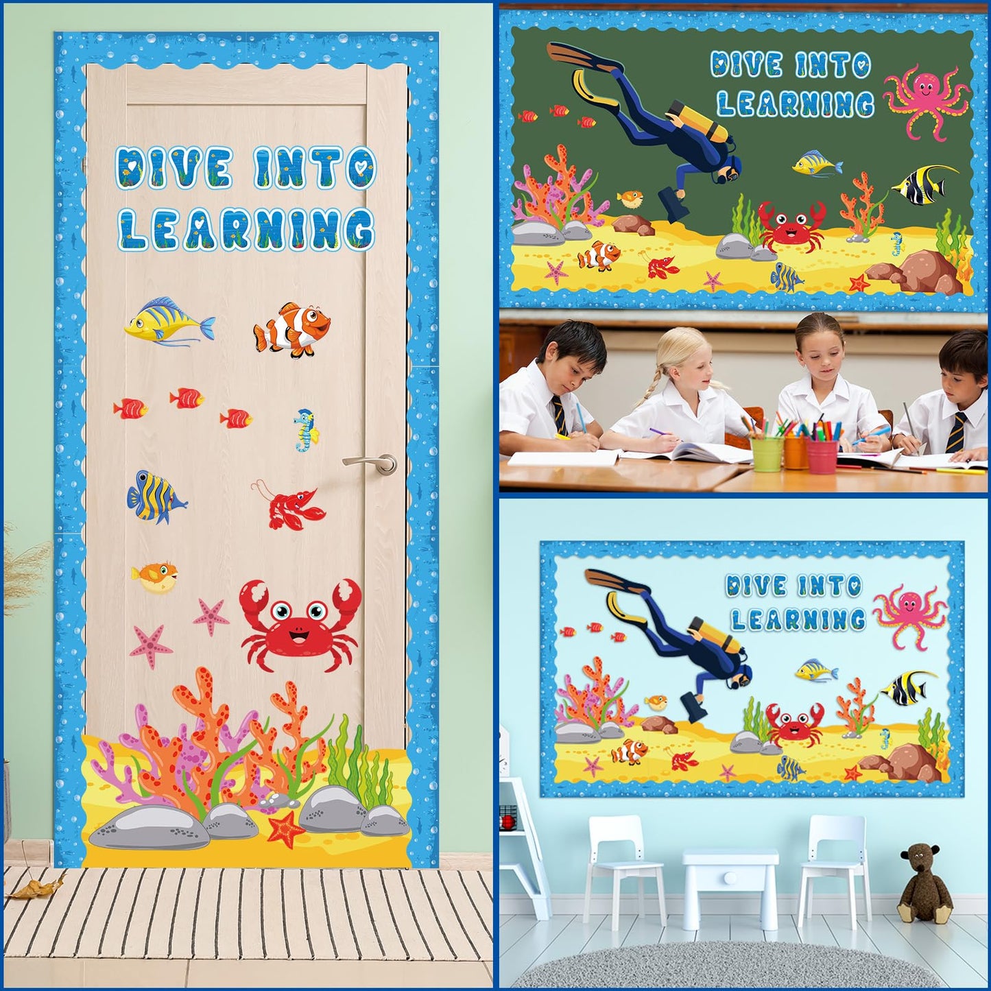 party greeting Ocean Animal Bulletin Board Set Under The Sea Classroom Decoration Summer Dive into Learning Sea Animals Fish Paper Cutouts for Tropical School Chalkboard Wall Decor Supplies
