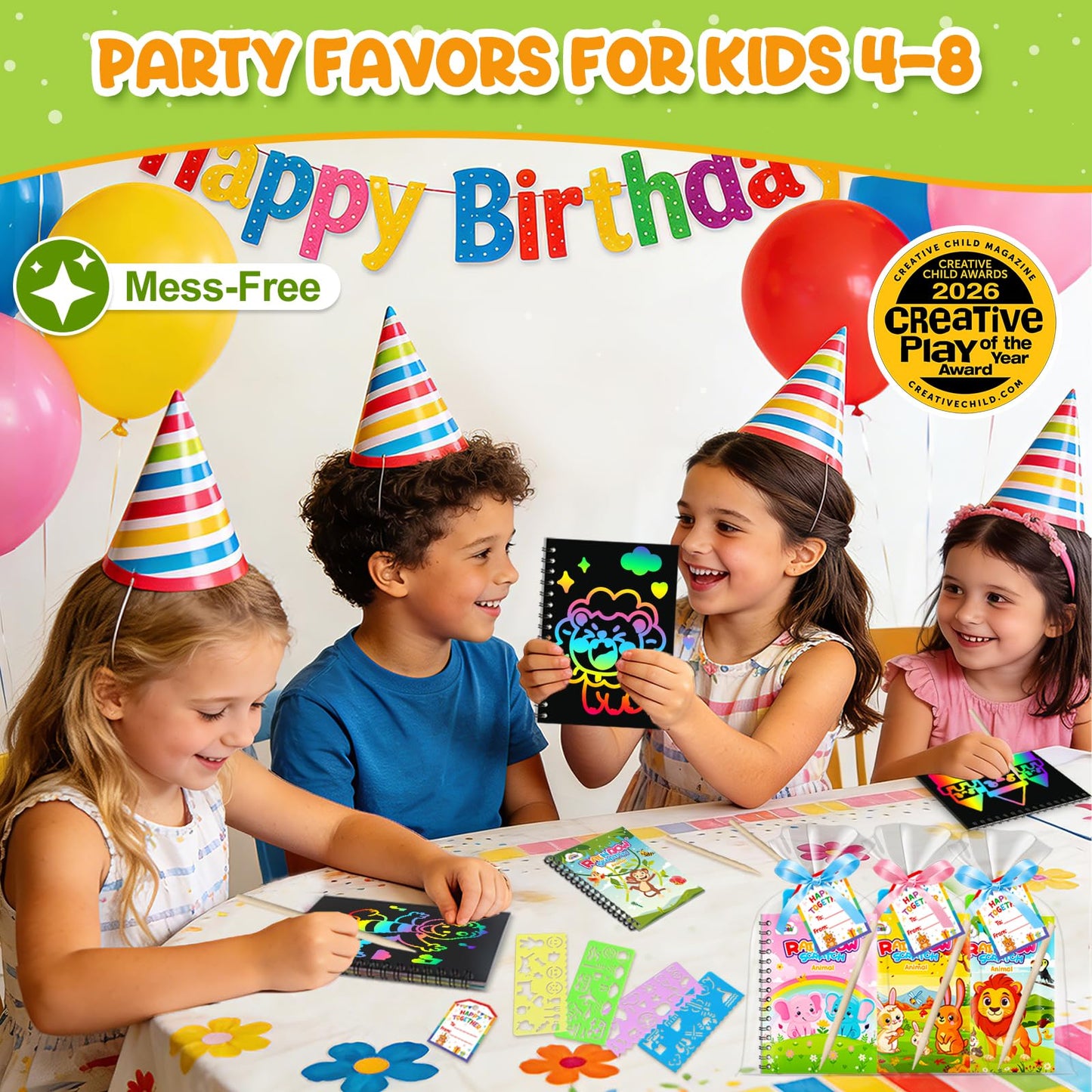 ZMLM 24 Pack Rainbow Scratch Art Party Favors for Kids 4-8 - Mess-Free Birthday Goodie Bags Stuffers, Classroom Prizes Grades 1–3 Creative Paper Notebooks for Pre-K Kindergarten Gifts (Animal, 24)