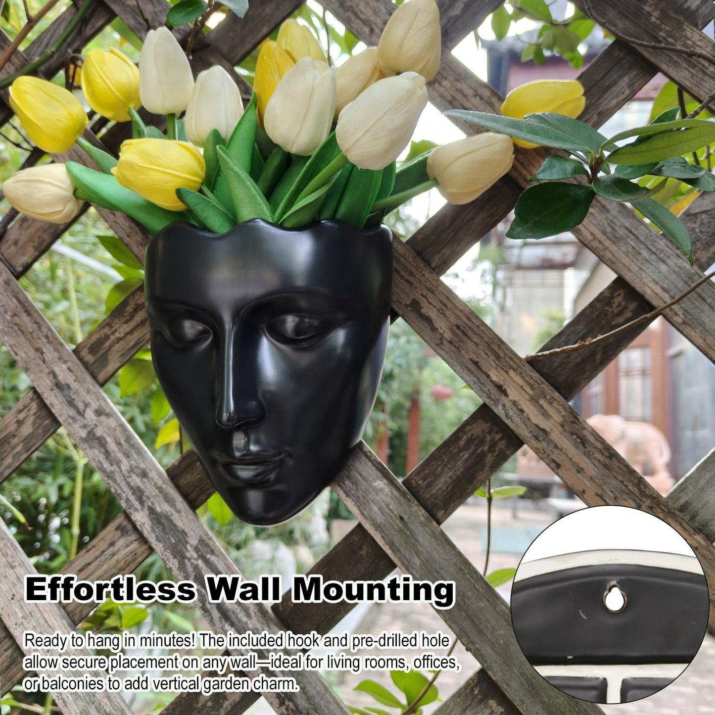qumHmup Ceramic Face Wall Planter, Black Head Vase with Drainage Hole, Modern Art Indoor Outdoor Wall Mounted Succulent Planter, Elegant Home Garden Decor