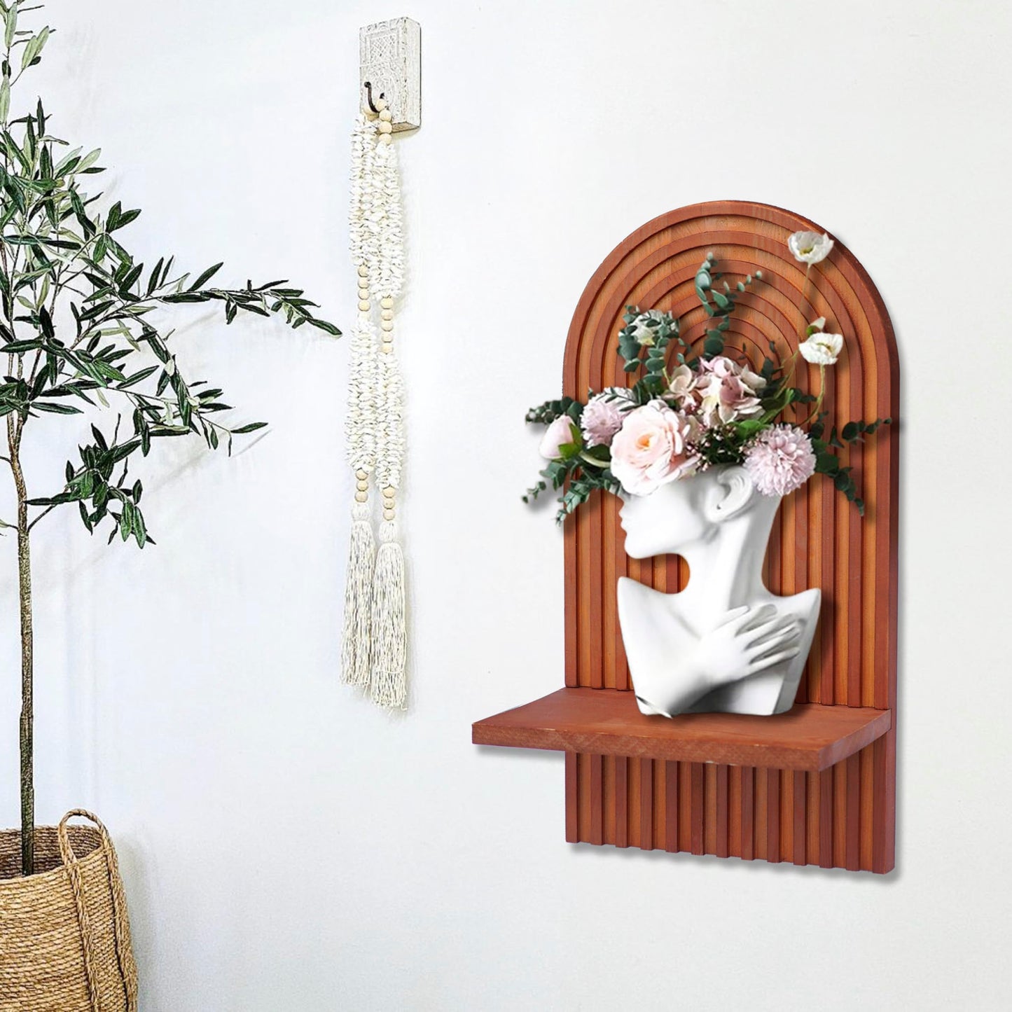 ZELURA 2 Pieces Boho Wall Shelf, Mid Century Shelves, Decorative Storage Unit, Decorative Bohemian Rainbow Hanging Shelves for Bathroom, Bedroom, Kitchen, Living Room, Laundry Room (Brick-Red)