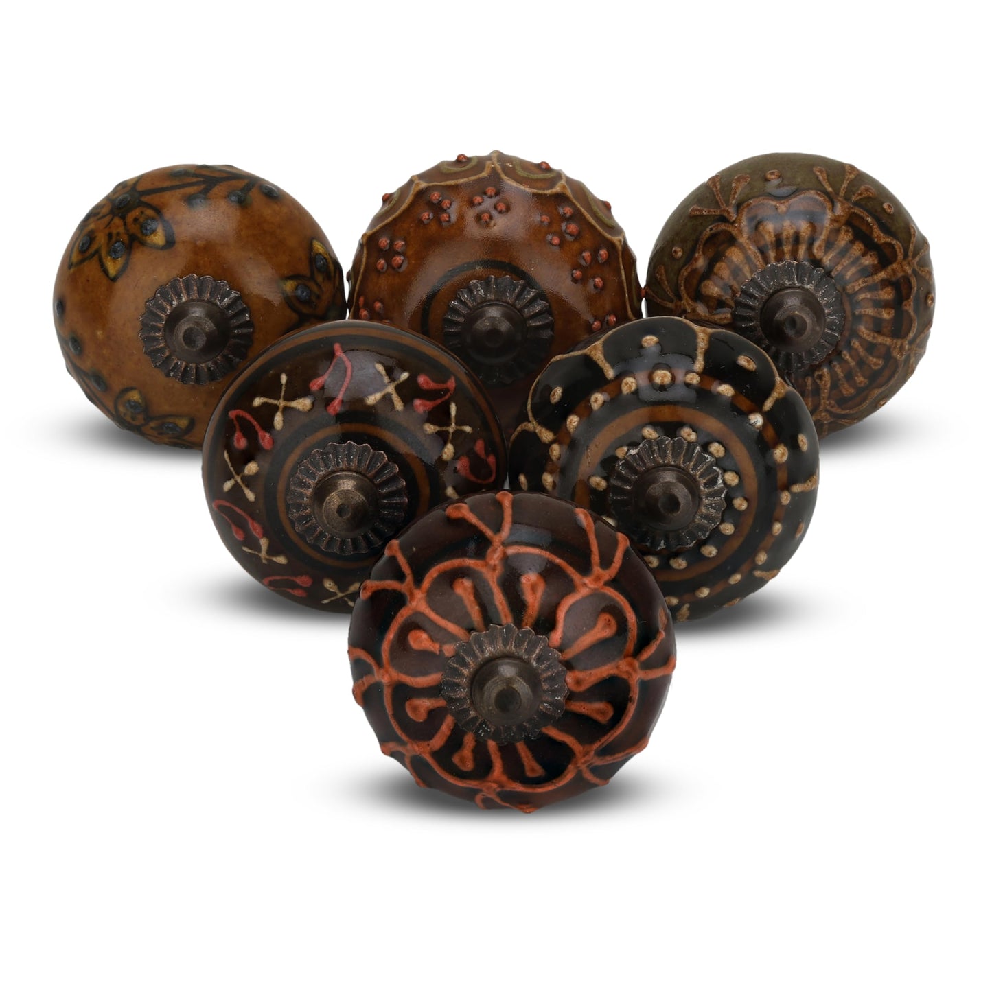 FURNISHFUL FINESSE Dresser Knobs for Cabinets and Drawers Assorted, Dusty Ceramic Knob & Pull Handle for Kitchen Brown Cupboard Wardrobe Decorative Furniture Knobs - Pack of 12, (Dark Brown)