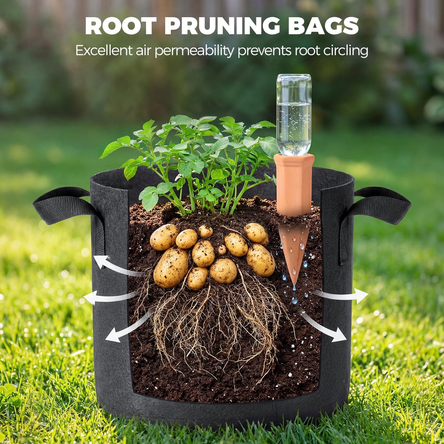 5-Pack 10 Gallon Self Watering Grow Bags with 5pcs Terracotta Watering Spikes, Fabric Growing Plant Bags Garden Planting Pots for Gardening Outdoor, Planter Bags for Potato Tomato Cucumbers Vegetables