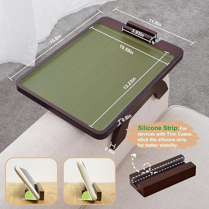 SINWANT Couch Armrest Table, Large Bamboo Couch Arm Table 360° Phone Holder