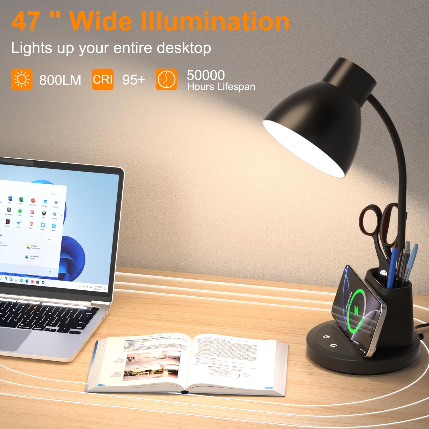 Sailstar Desk Lamp for Home Office, 10W Wireless Charging, Eye-Caring LED Desk Light, CRI 95+ 3 Color Modes Stepless Dimming Pen Holder, 360° Flexible Arm Desk Lamps for College Dorm, Adapter Included