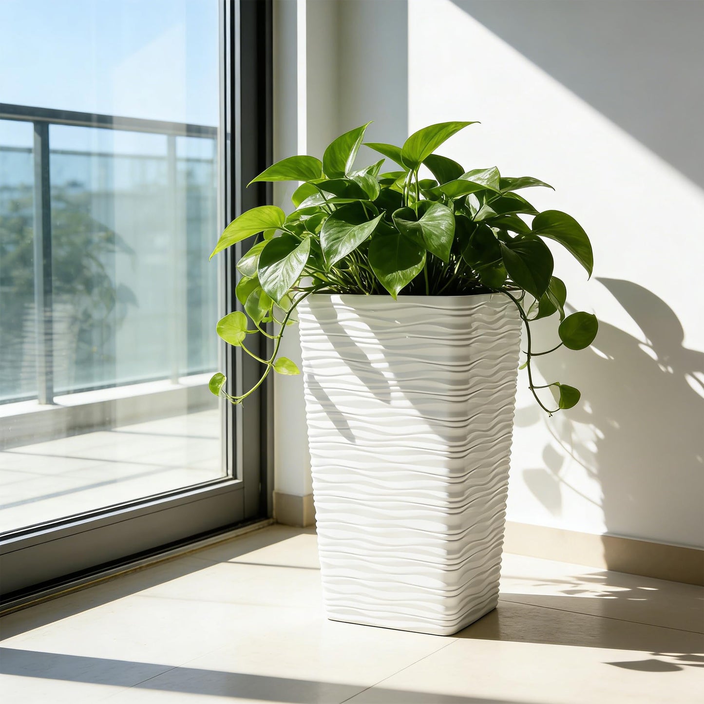 Worth Garden 22" Tall Planters Set of 2 - Plastic White Square Plant Pots with Drainage Hole - Modern Large Tapered Matte Wavy Tree Flower Pot for Indoor Outdoor Porch Deck