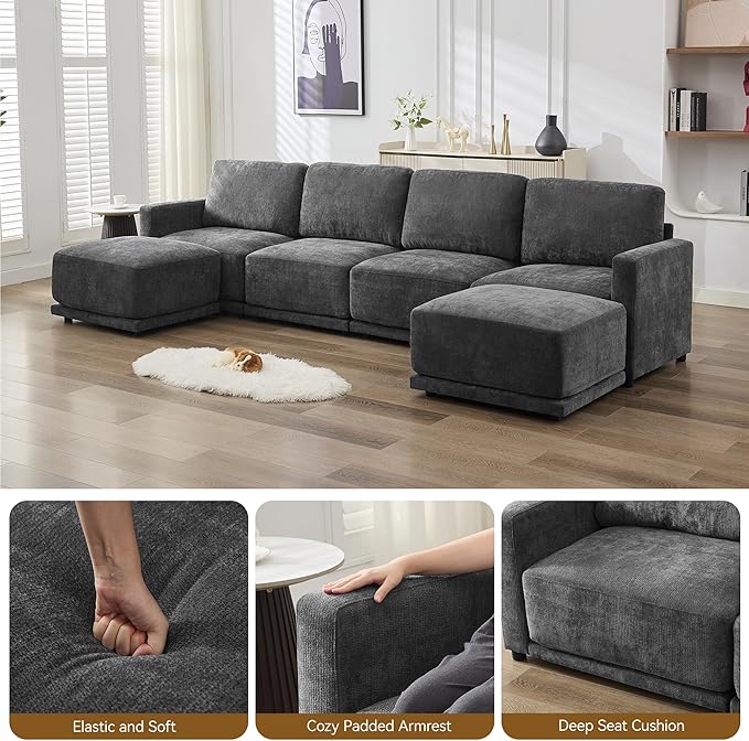 143.8" Modular Sectional Sofa Modern Chenille U Shaped Couch
