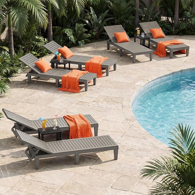 Outdoor Lounge Chair Set of 6, 5-Positions Adjustable Patio Chaise Lounges