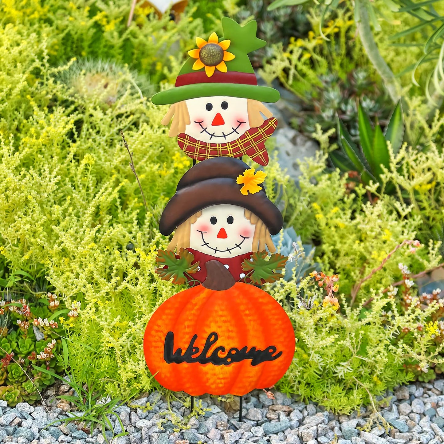 Fall Decorations for Home Outdoor, Metal Stacked Scarecrow & Pumpkin Yard Stakes, Welcome Sign Garden Stakes, Metal Yard Signs for Garden Lawn Patio Halloween/Thanksgiving Decor