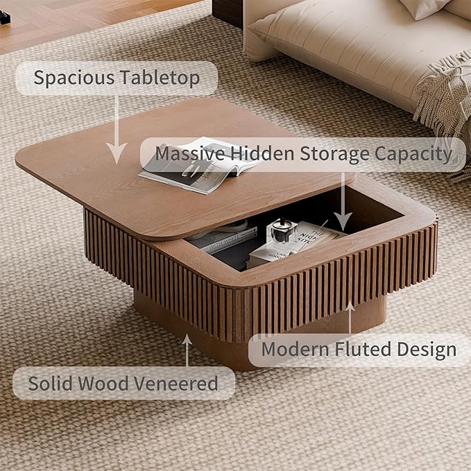 Square Coffee Table for Living Room, Fluted Drum Accent Tea Center Table