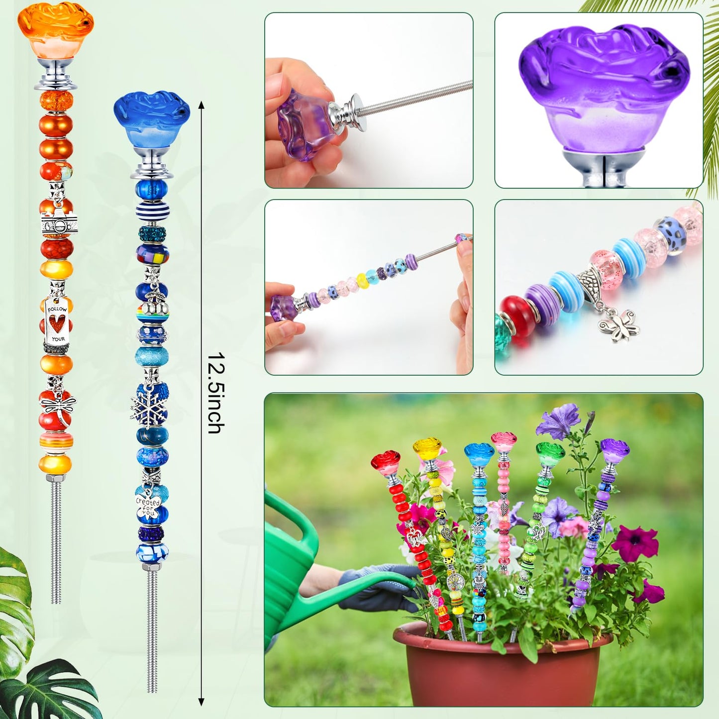 Lineshading 10 Sets Beaded Garden Stakes Kit,Rose Garden Stakes Accessories (Bright Color)