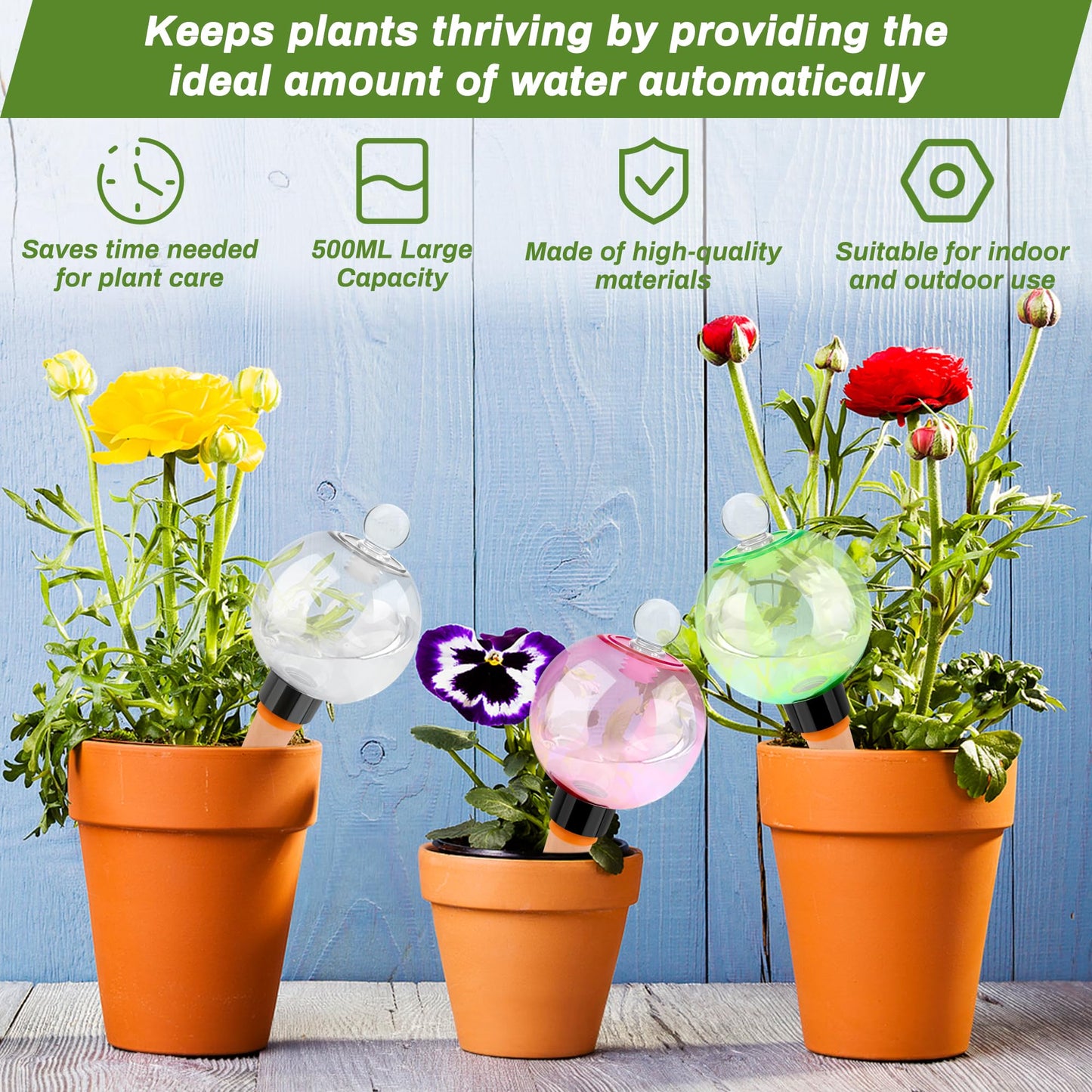 Solaradgy 4pcs Plant Watering Globes with 4 Cleaning Brushes, Colorful Self Watering Bulbs (2 White, 1 Green, 1 Pink), Slow Release Water Spikes, Automatic Plant Watering Devices for Indoor Plants