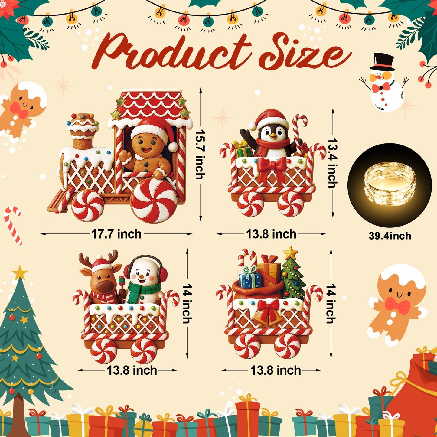 Marsui 4 Pcs Christmas Train Decoration Yard Sign with 4 LED Light Lawn Sign Christmas Red Gingerbread Penguin Snowman Train Set with 8 Stake for Xmas Garden Outdoor Holiday Party Decor