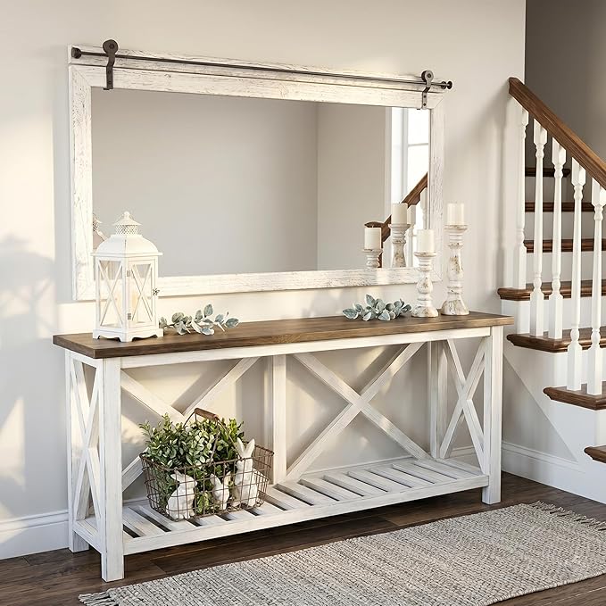 27"x49" Large Whitewashed Barn Door Wall Mirror, Horizontal Solid Wood Framed