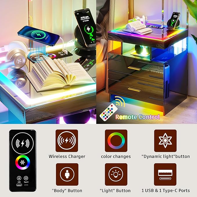 WOOVIVS Nightstand with 24 Colorful Lighst, LED Night Stand with