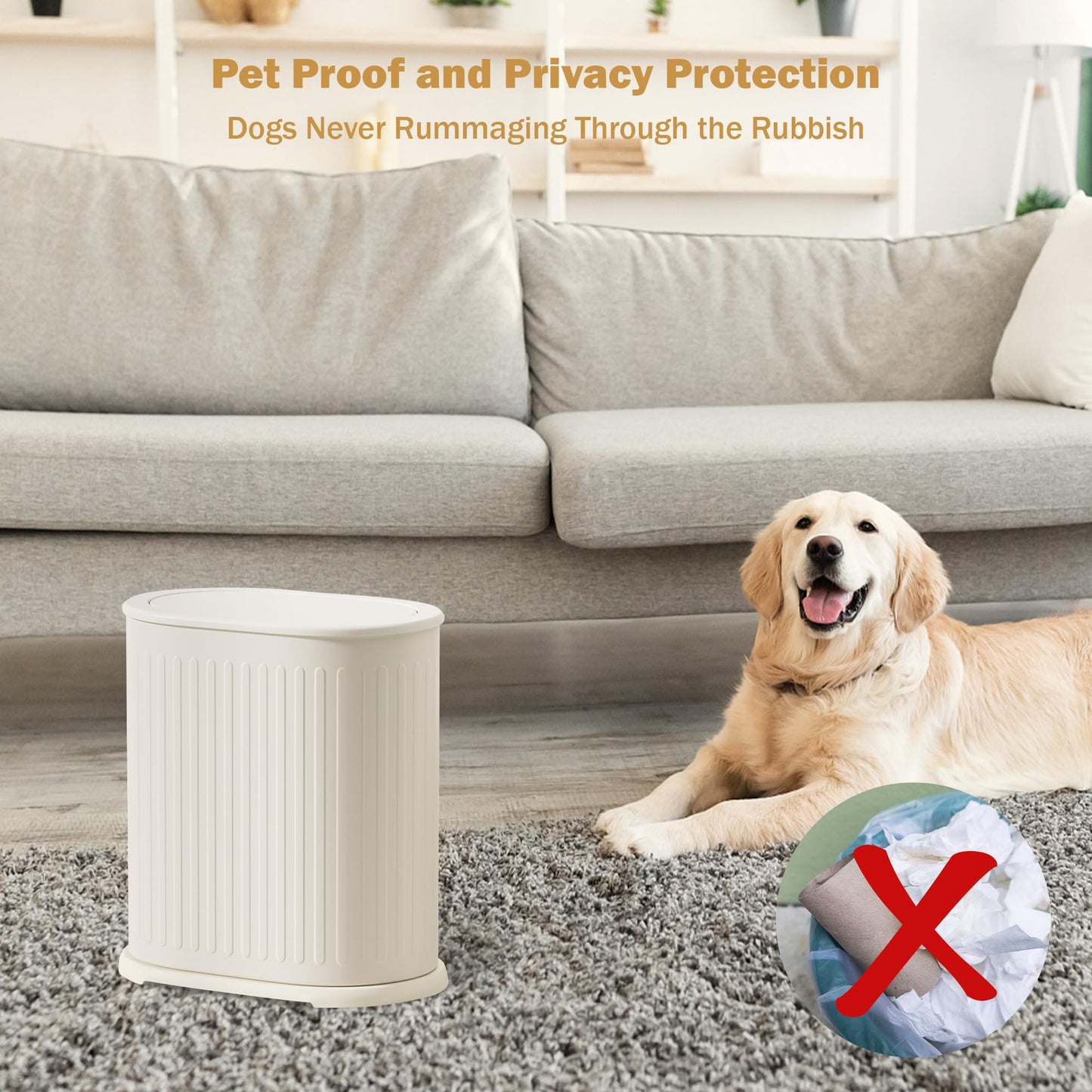 Steel Small Bathroom Trash Can with Lid Press Top 9L/2.4 Gallon Dog Proof Wastebasket with Removable Liner Bucket,Slim Bathroom Garbage Can Bin Under Desk/Sink Bedroom,Living Room,Office,Diaper