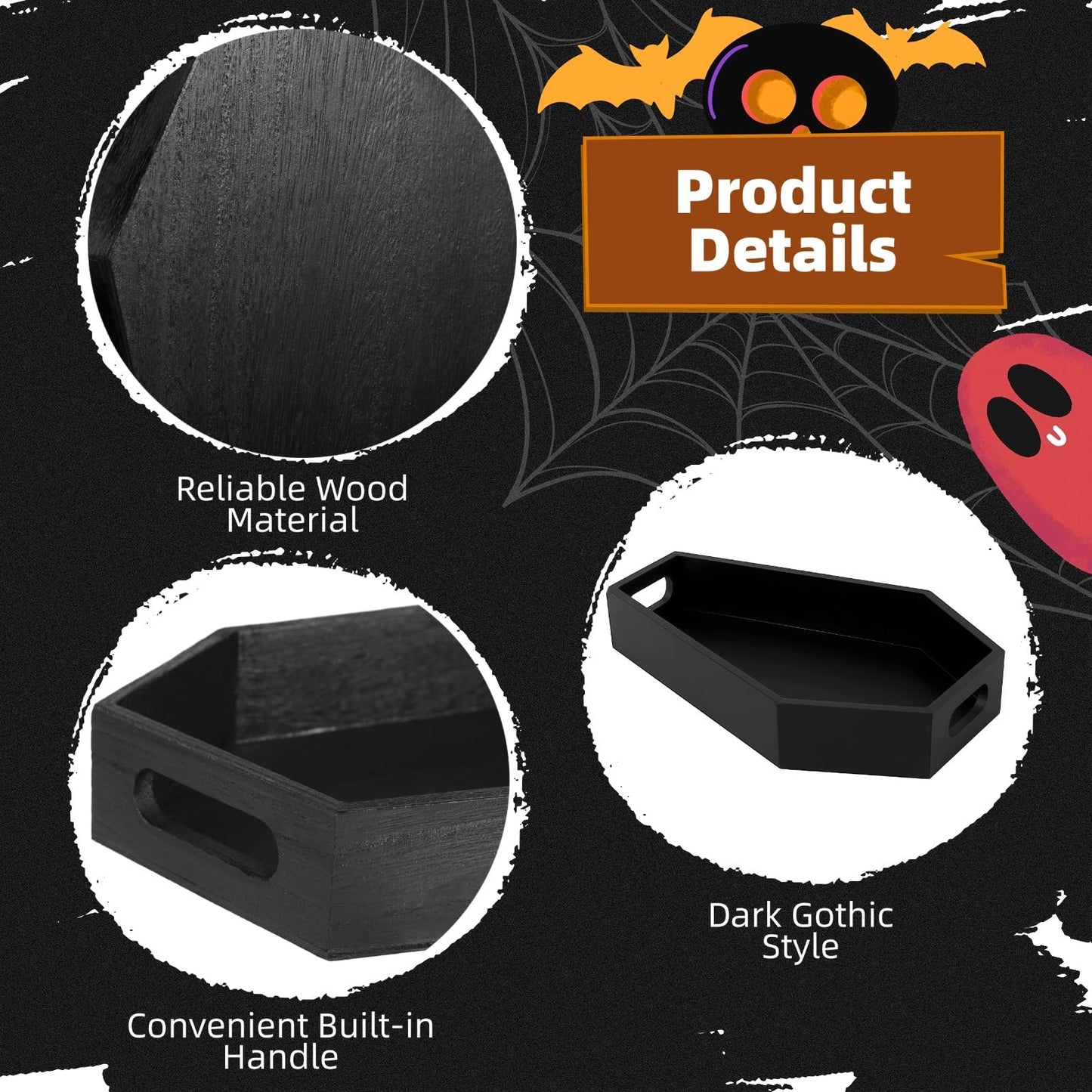 Halloween Coffin Tray, Gothic Coffin Shape Serving Board with Built-in Handles, Black Halloween Spooky Decor, Creepy Wooden Serving Tray for Candy, Snacks, Charcuterie, Jewelry, Makeup