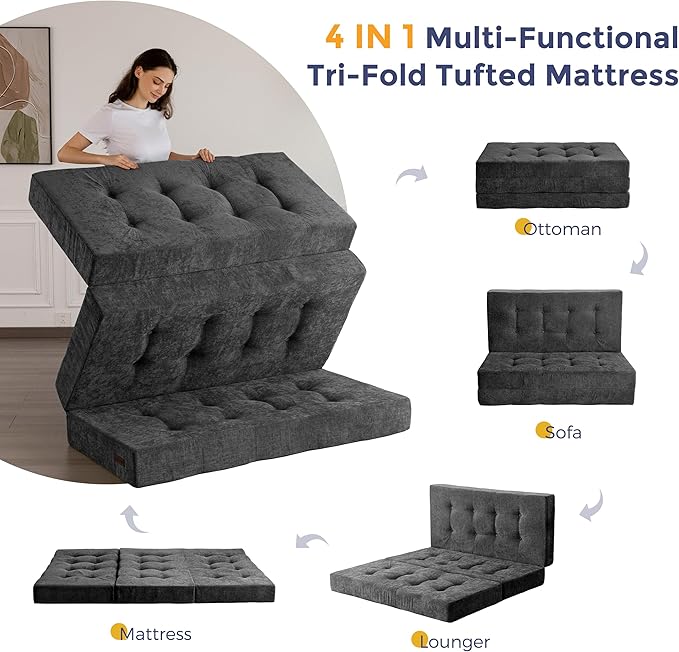 MAXYOYO 6" Folding Sofa Bed for Floor, Tufted Tri-Fold Floor Mattress
