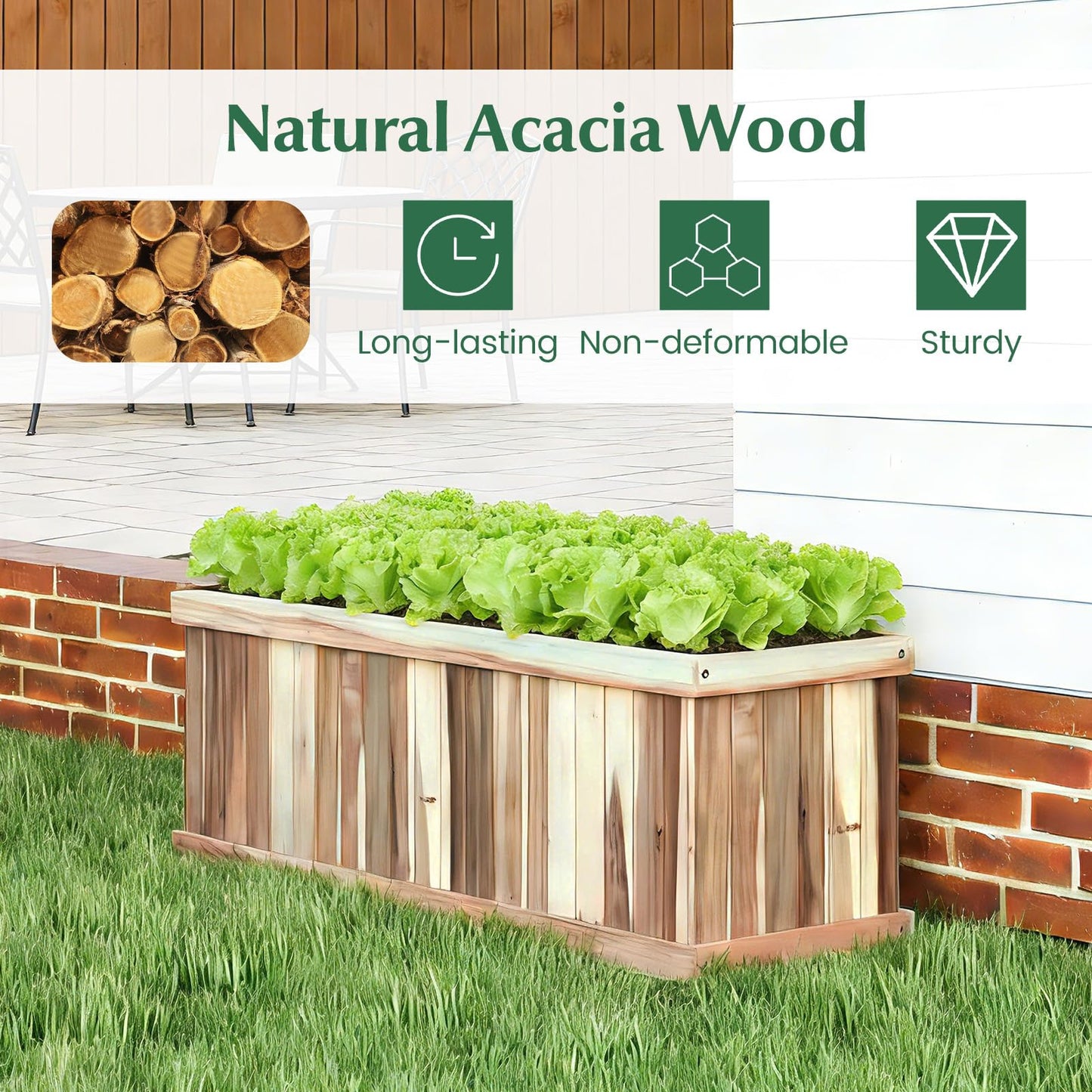 Giantex Acacia Wood Raised Garden Bed, Rectangular Planter Box w/Drainage Gaps, Floor Standing Window Mount for Flower Vegetable Herb Fruit, Outdoor Plant Container for Backyard, Lawn, 36"x12"x12"