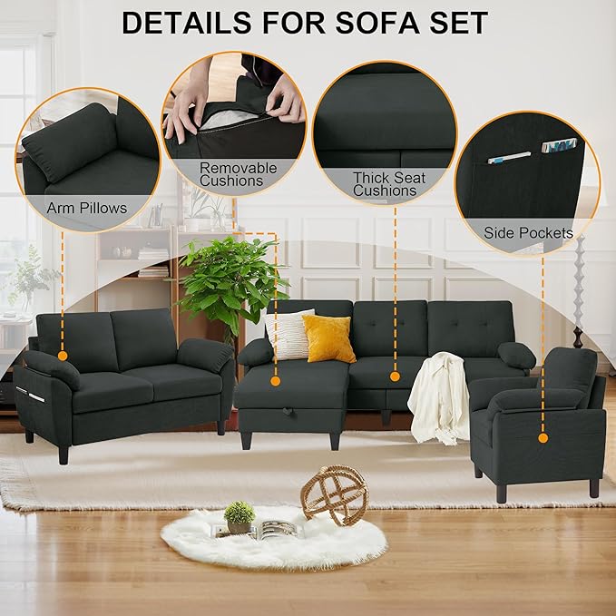 84" Convertible Sectional Sofa Set, 3 Seat L Shaped Couch