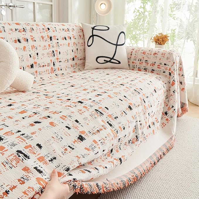 DREAMINGO Abstract Chenille Couch Cover Blanket Beige Orange Black Boho Sofa