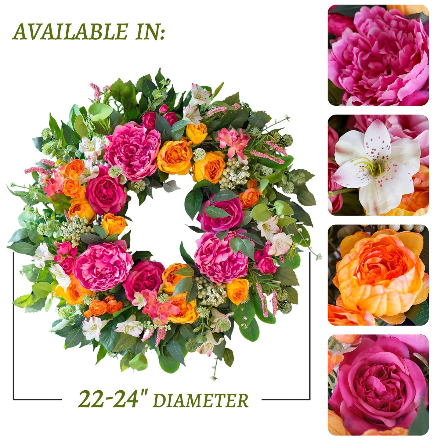 CHvista 24 Inch Spring Wreaths for Front Door Outside,Handcrafted Garden Rose & Peony Style Summer Wreath with Pink,Orange Ivory Flowers- Lush Spring Door Wreath for Farmhouse Home Wall Porch Window