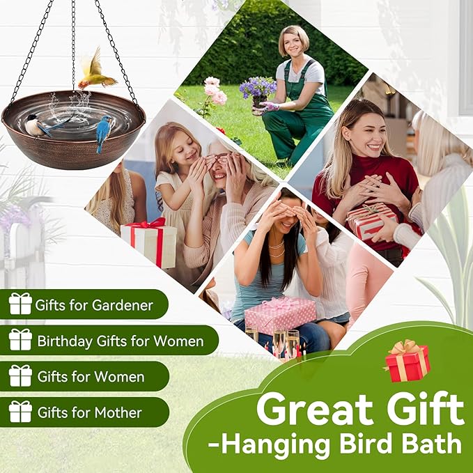 Hanging Bird Bath for Outside, 13" Metal Bird Bath Bowl with Chains & Hook Outdoor Hanging Birdbath for Tree, Gazebo, Patio, Balcony, Gift for Bird Lovers