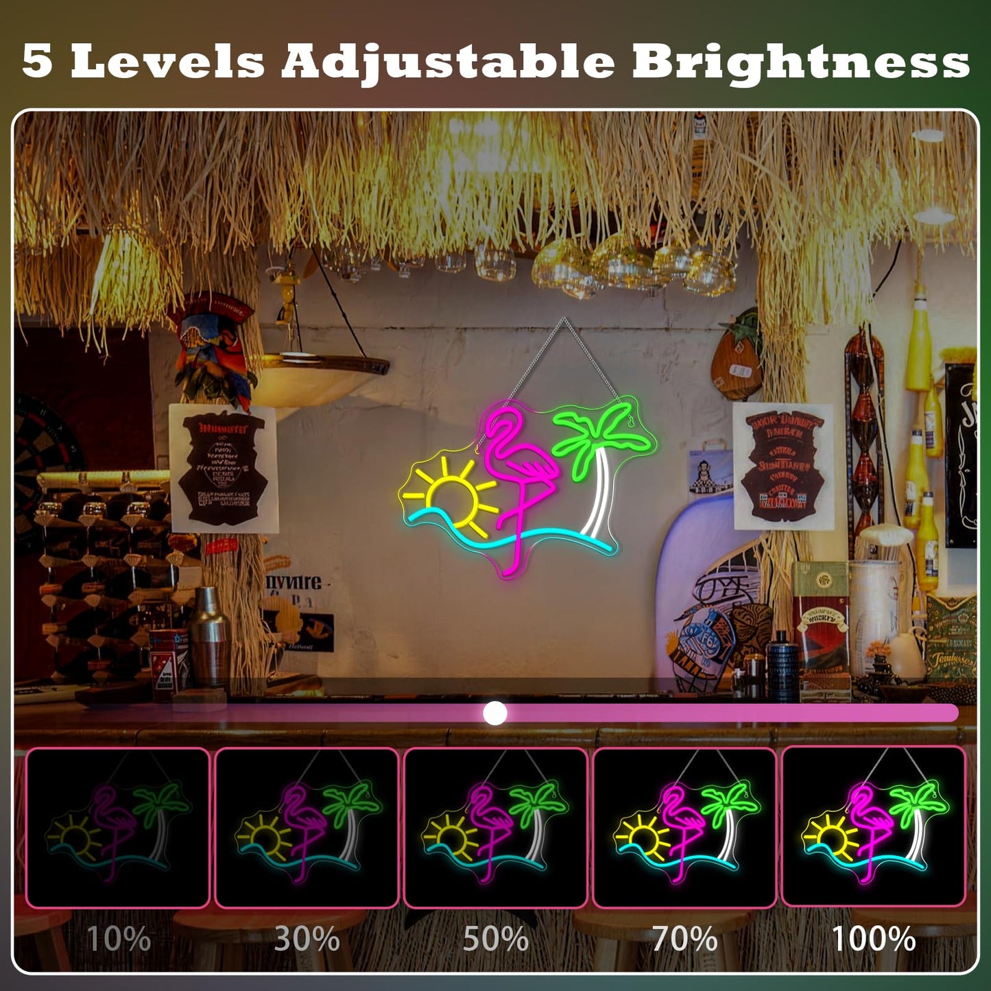 Flamingo Sun Palm Tree Neon Signs for Wall Decor Funny Dimmable LED Neon Light Sign USB Powered for Home Bar Cart Summer Beach Restaurant Man Cave Decor Beer Cafe Bistro Club Party