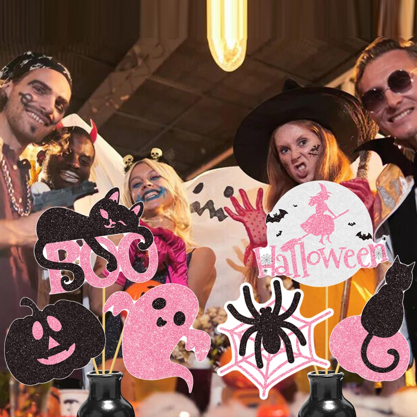 Halloween Happy Boo Day Party Decorations 24PCS Pink Black Pumpkin Ghost Centerpiece Sticks Happy Boo Day Table Toppers Halloween Birthday Party Supplies for Little Boo Baby Shower Decor