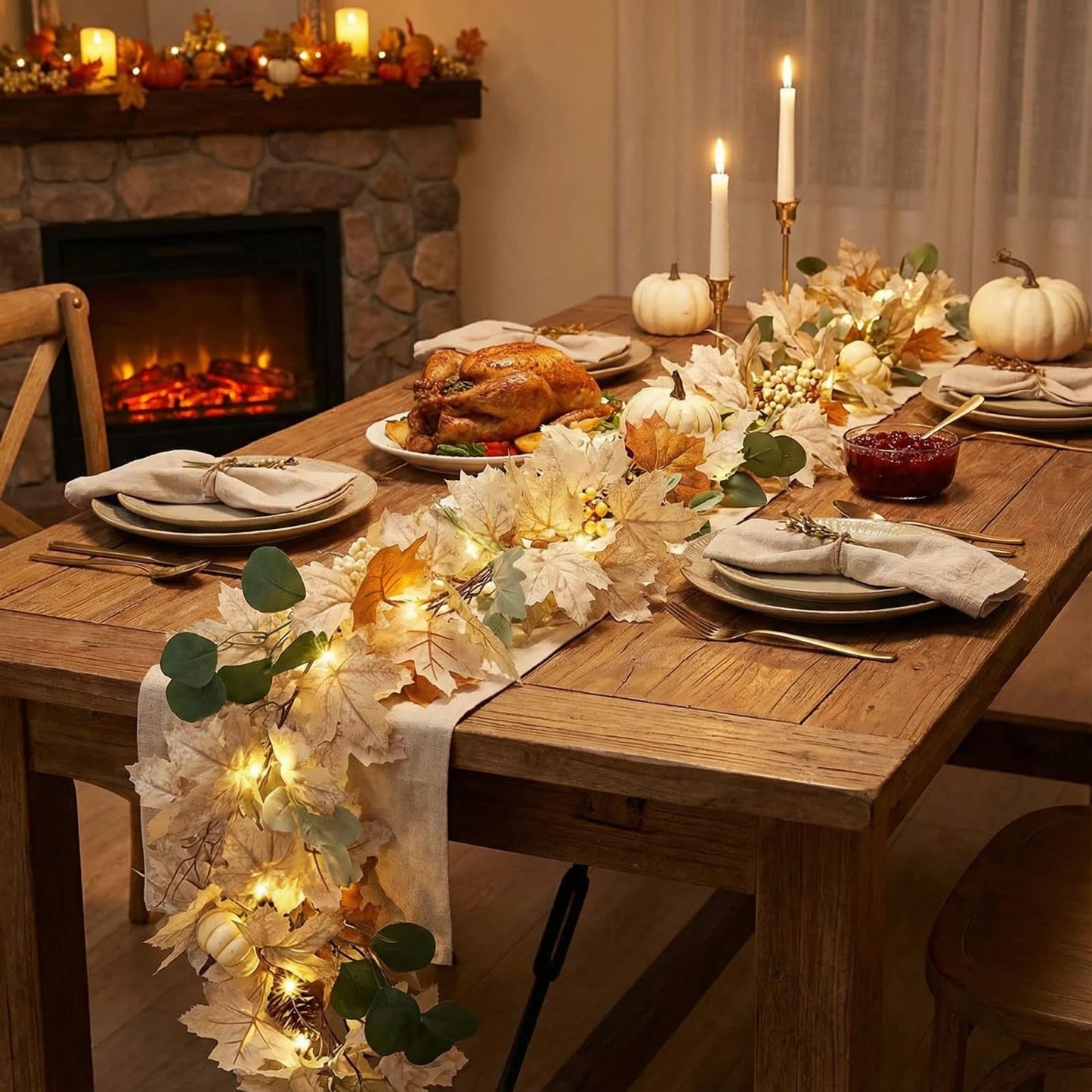 Pre - Lit Fall Garland, Fall Decor with Maple Leaves & Pumpkins, 6FT Seasonal Wreath for Home Decorations & Displays (Warm Lights)